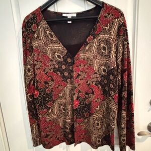 💜JM Collection Brown, Cream, Red, Orange Floral and Geometric Cardigan Size XL